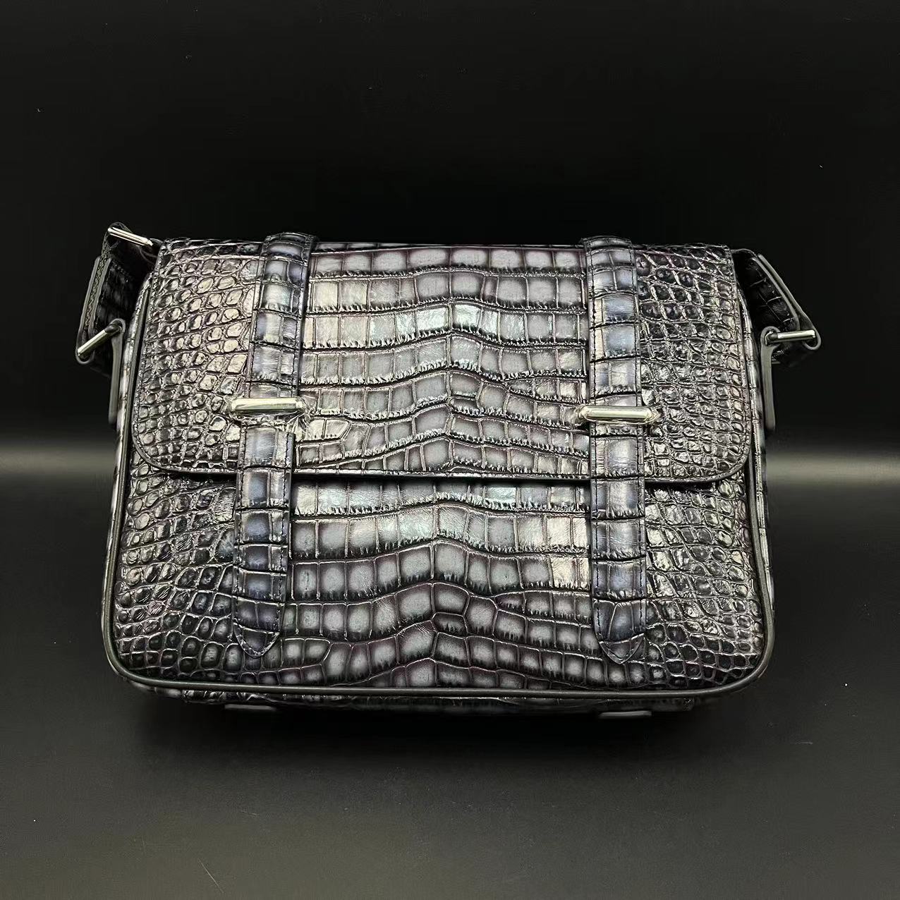 E肚高端手工擦色龙骨灰商务经典单肩斜挎包