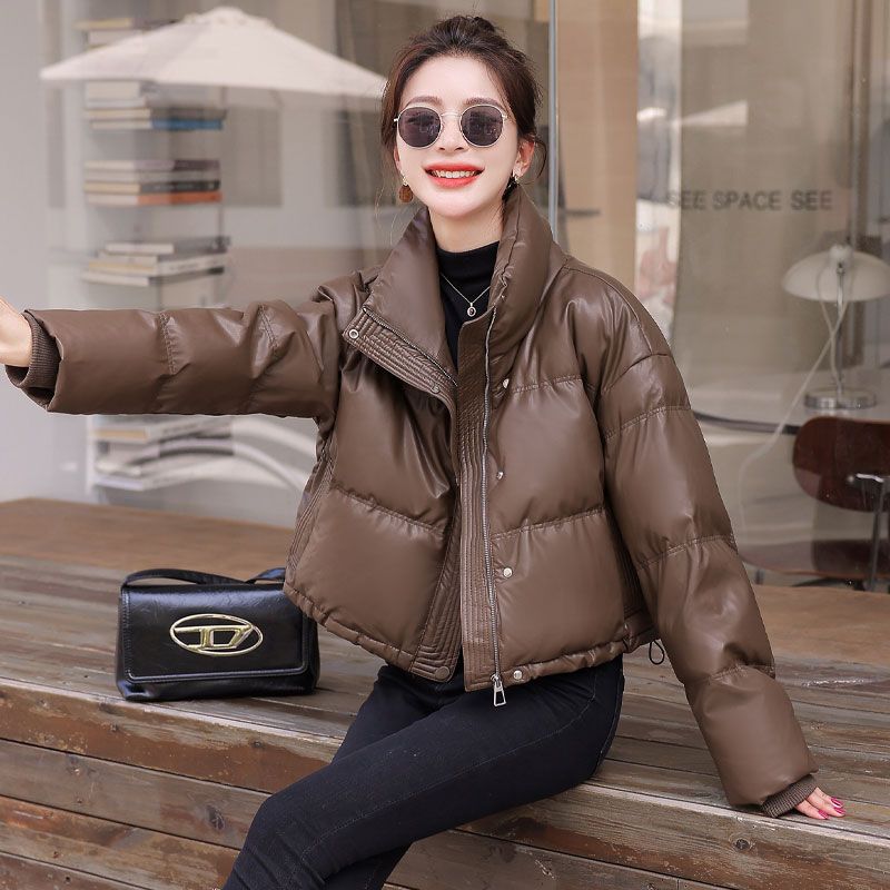 清廷心2023新款免洗PU皮羽绒服女短款立领加厚小个子时尚冬装外套