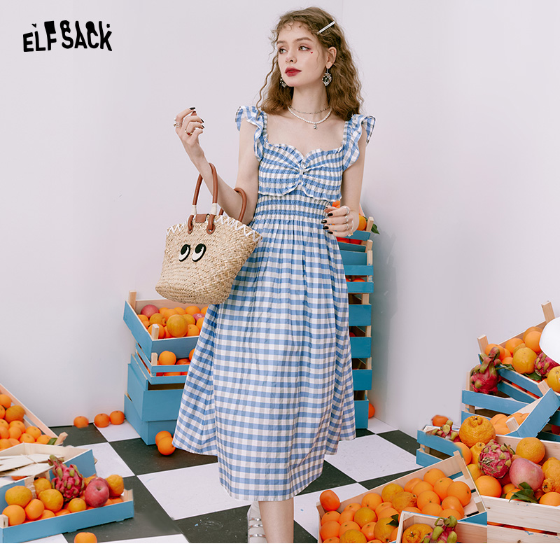妖精的口袋 威廉王子 格子吊带连衣裙女2025夏季新款清纯小飞袖
