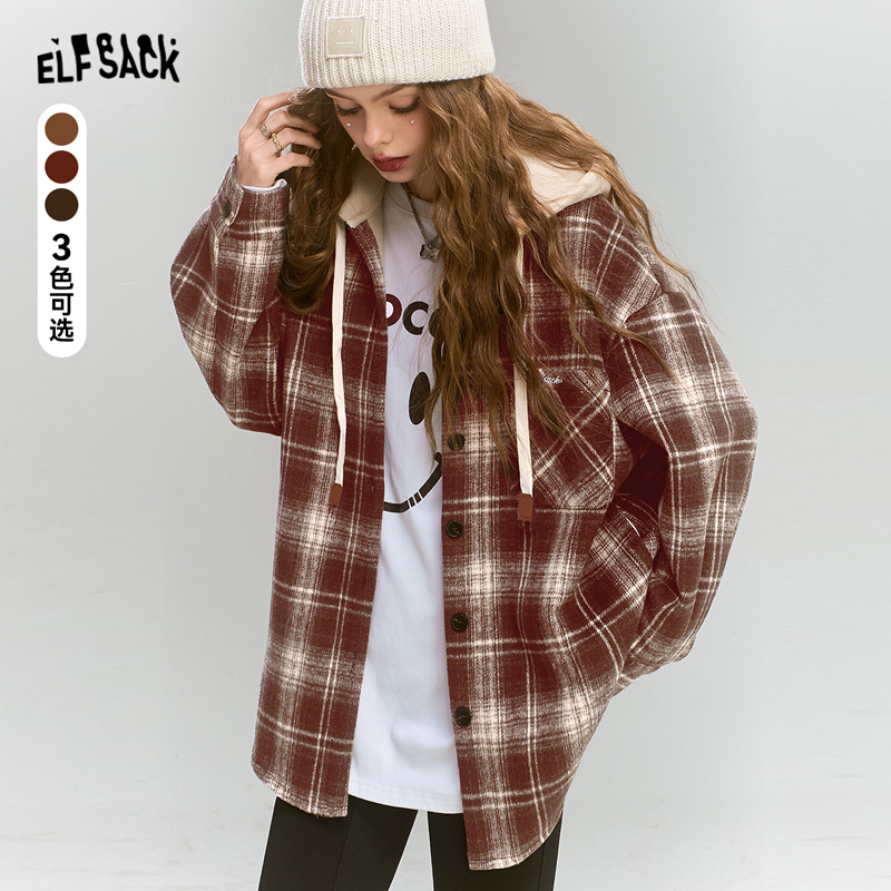妖精的口袋清清格纹密语复古学院格子毛呢外套2024年冬季新款连帽