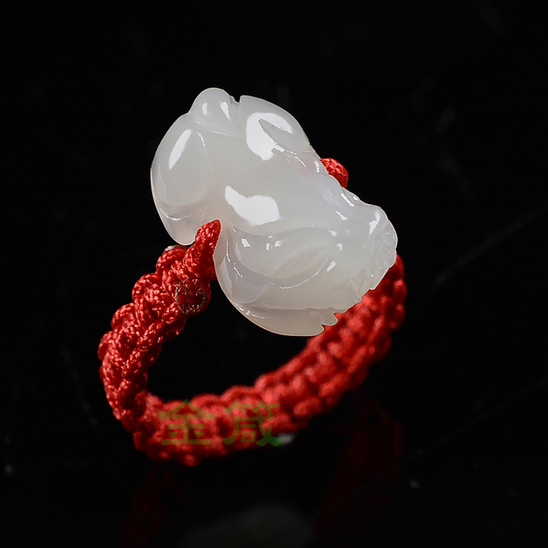 天然和田玉白玉貔貅戒指玉石男女红绳手工编织指环玉器