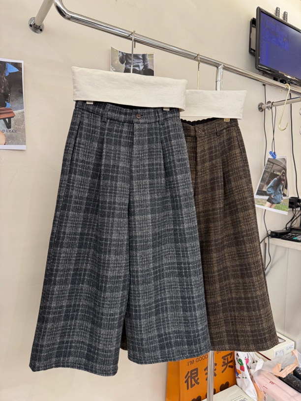 新品加厚八分格子裤