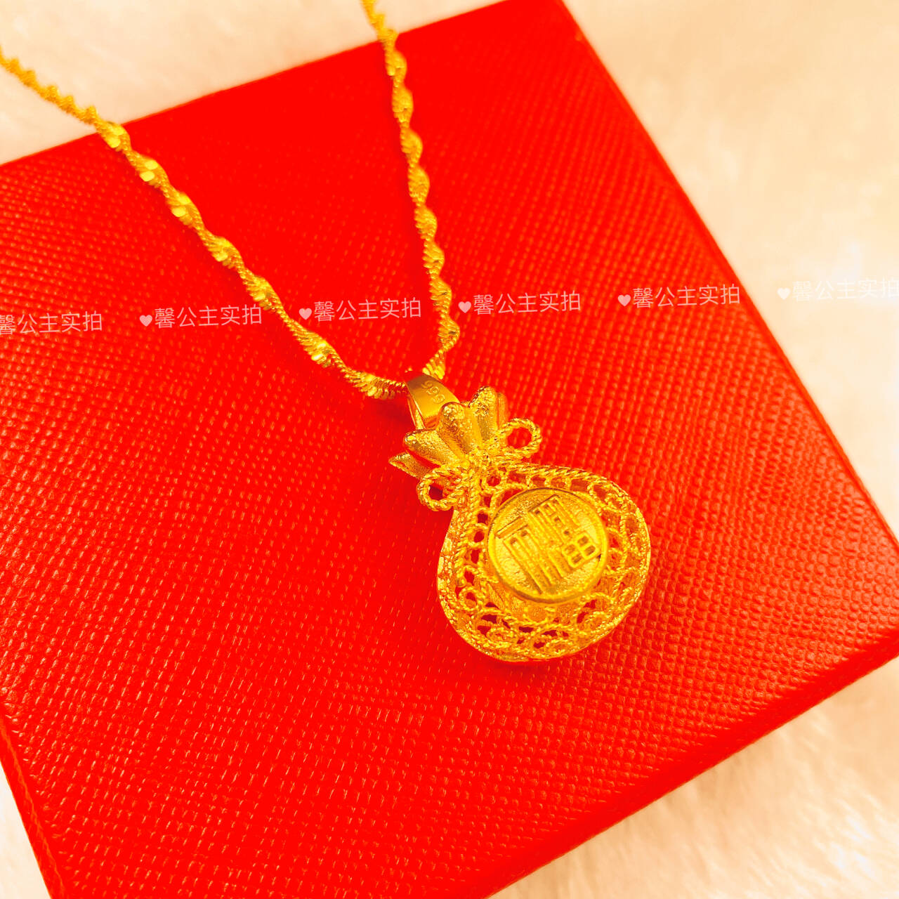 铜合金项链 古法金色花丝福袋项链双面小福袋吊坠送妈妈锁骨链女