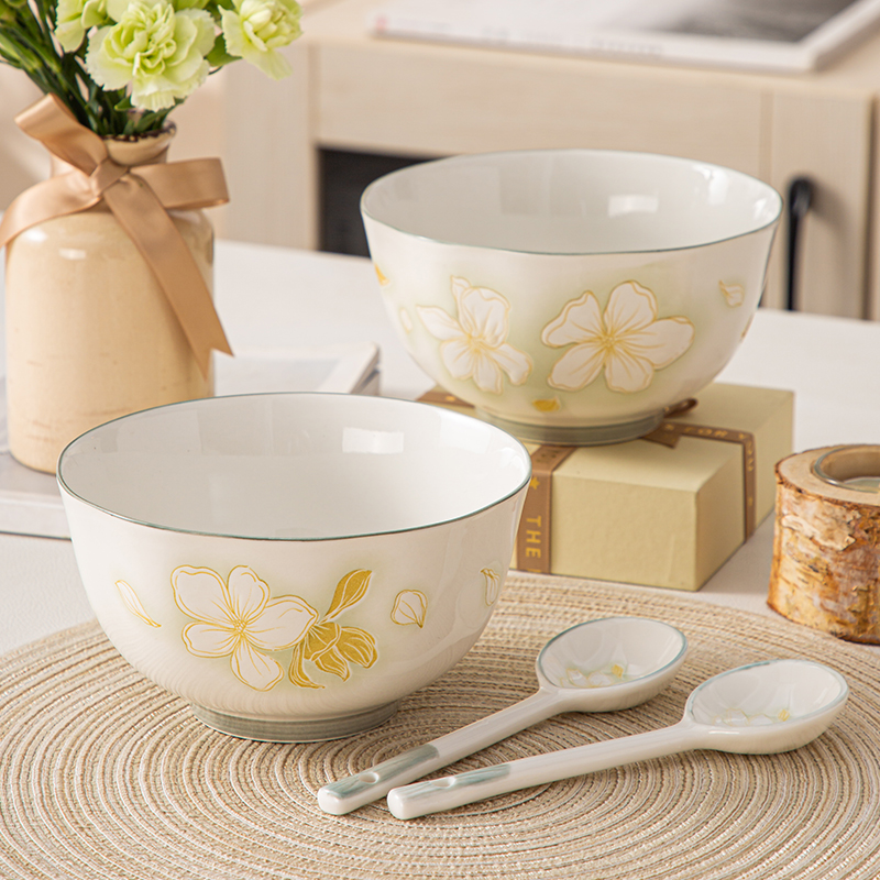 【黄金叶陶瓷6英寸面碗2碗2勺】家用可爱碗餐具专用高颜值套装