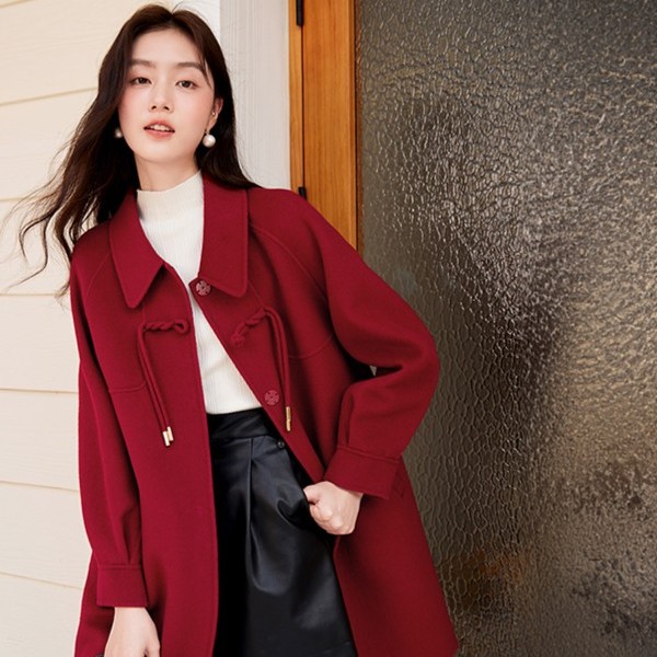 【直播专享】V634614毛呢外套 香影红色双面呢外套女秋冬款