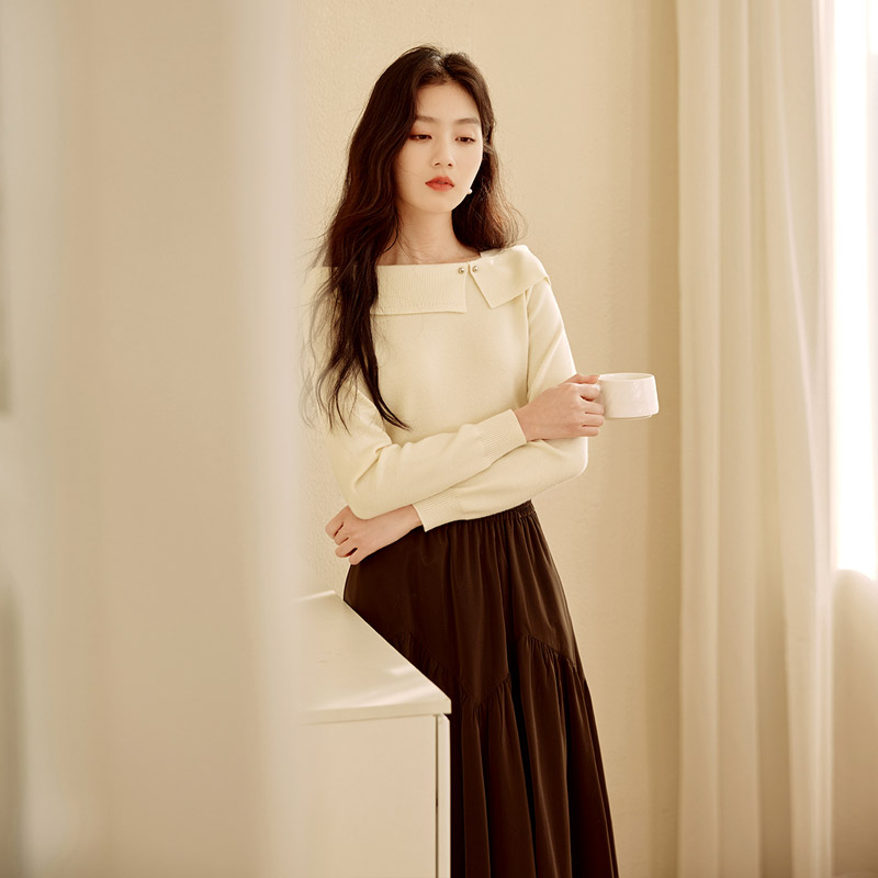 【籽言专属】N844415毛针织衫香影一字肩翻领针织衫女25冬季新款