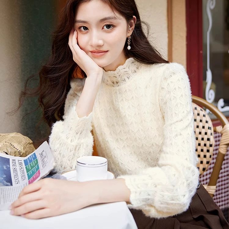 【籽言专属】S834113蕾丝衫香影重工镂空半高领蕾丝女25秋冬季新