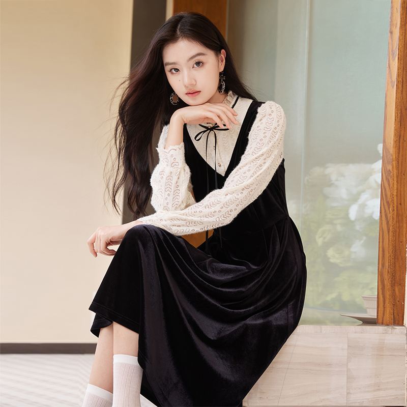 【金拐子专属】Q844138连衣裙香影假两件丝绒连衣裙女秋冬新款