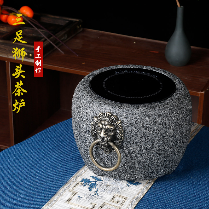 复古姹寂风围炉煮茶炉家用老石臼手工石头户外电陶炉碳炉火两用款