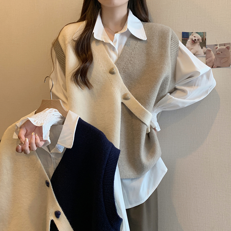 欣欣【冰岛】大码女装秋冬胖mm韩版宽松百搭设计感马甲衬衫两件套