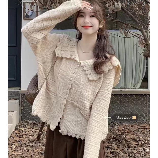 欣欣【秋日甜心】软糯毛衣气质开衫法式温柔娃娃领毛衣小众韩系外套