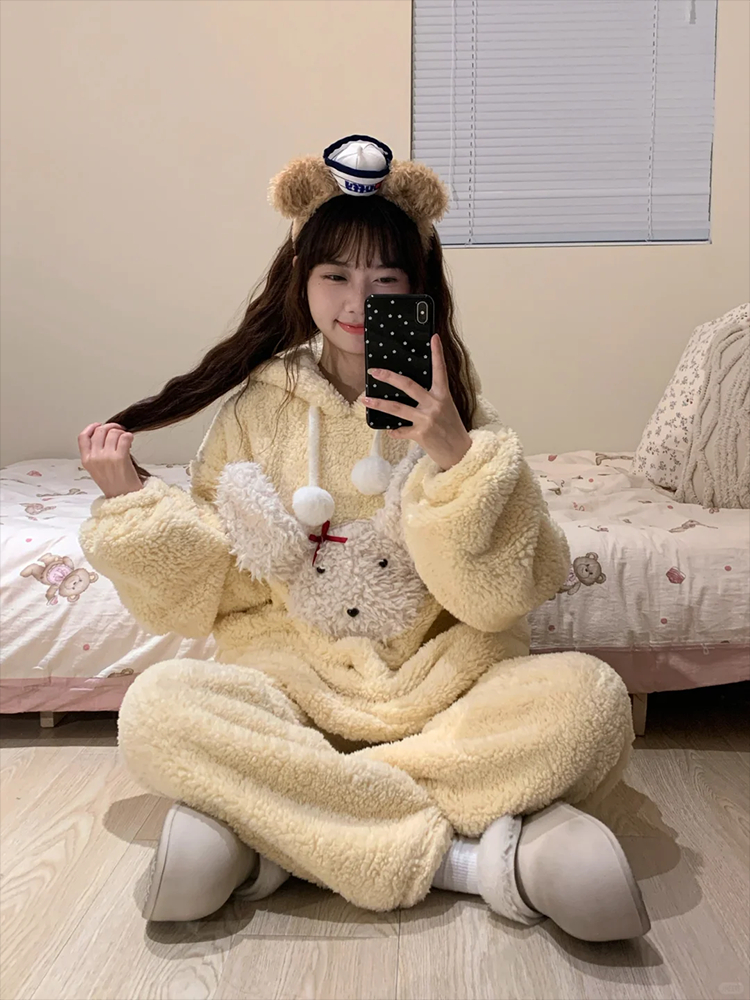 可爱少女珊瑚绒连帽睡衣女冬季2024年加绒加厚开衫长裤家居服套装