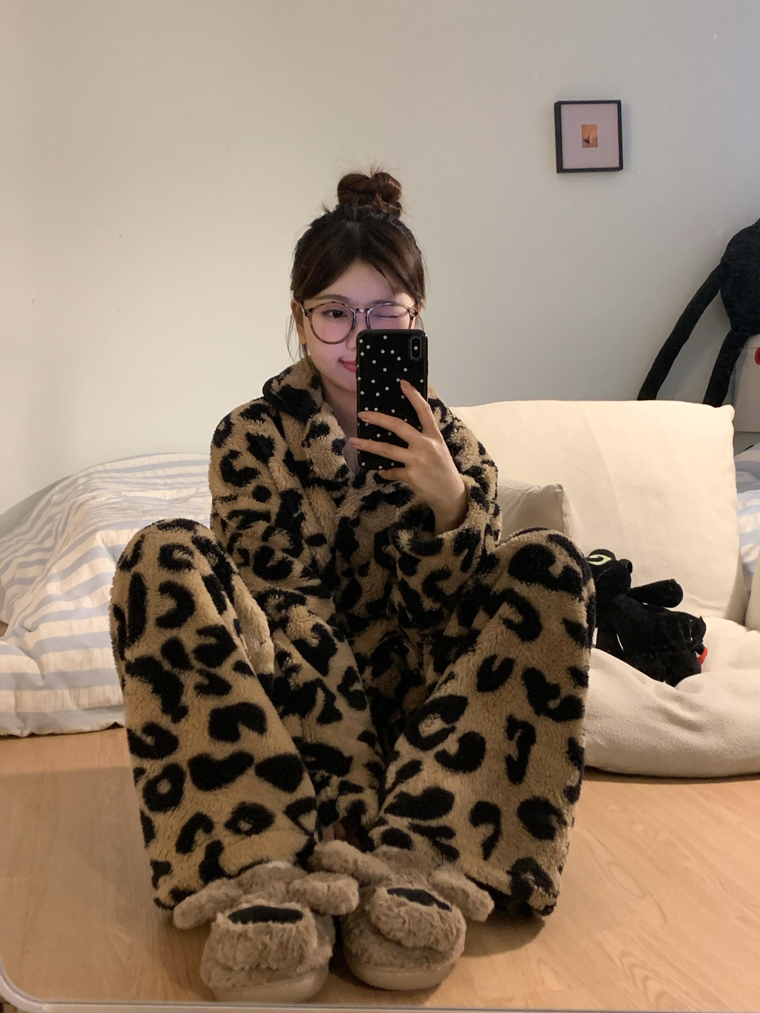 【豹纹珊瑚绒】高级感小众睡衣女秋冬季新款加厚毛绒家居服大码套装