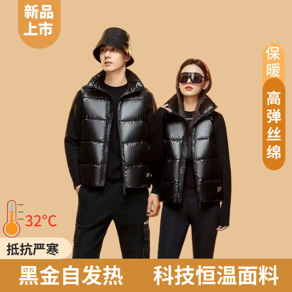 黑金三合一立领马甲男女同款新款韩版宽松亮面纯黑坎肩免洗外套01