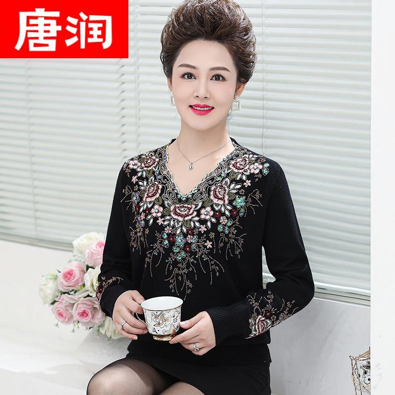 高档妈妈装绣花打底衫加肥加大码毛衫中老年人奶奶秋冬装毛衣女