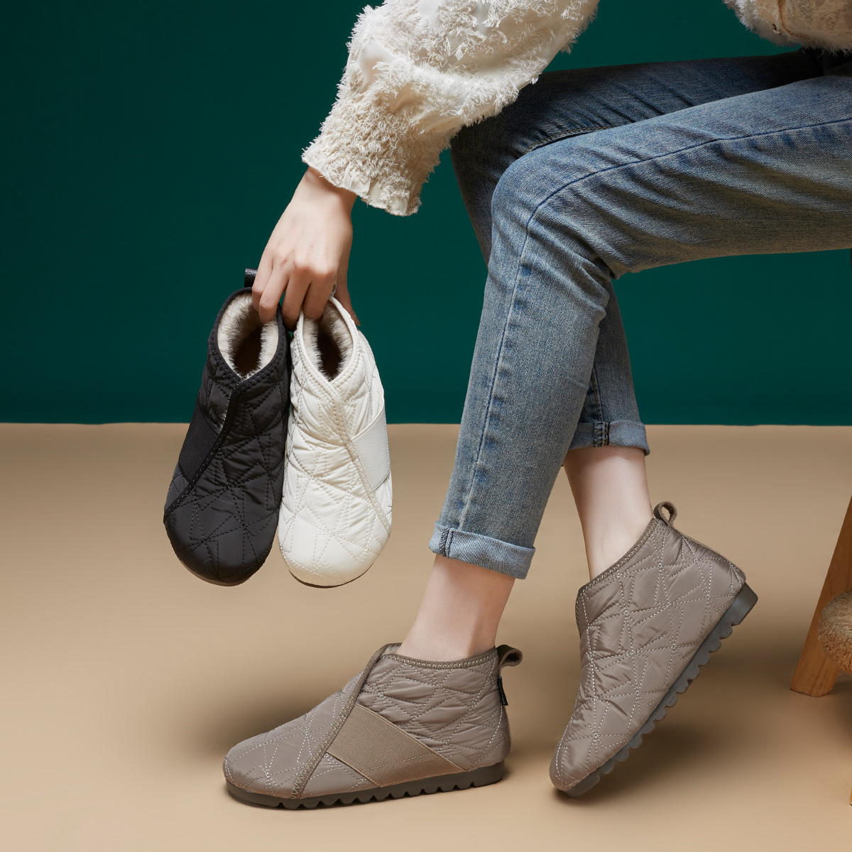 [清仓]棉鞋女新款2024冬季宇航布料真羊毛高帮舒适轻盈休闲女鞋