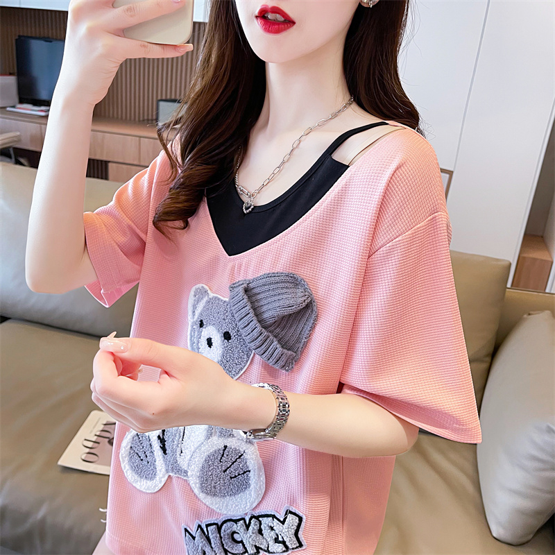 正肩v领短袖t恤女2025夏季新款体恤设计感小众宽松显瘦百搭上衣潮