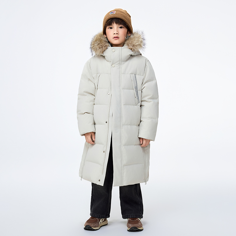 鸭鸭精选时尚防风连帽中大童毛领中长款保暖羽绒服9176