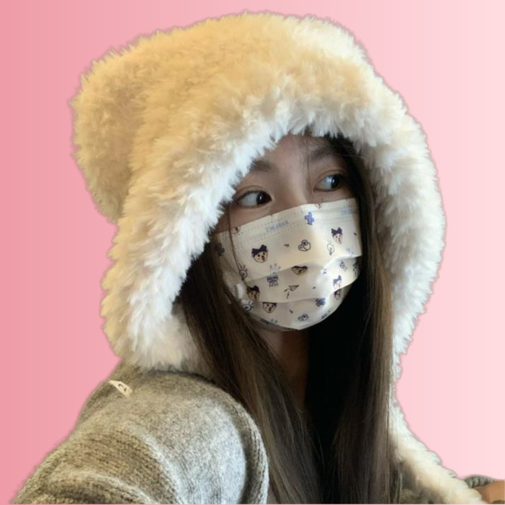 可爱立耳小熊毛绒帽子女仿兔毛套头帽护耳雷锋帽秋冬保暖加绒加厚