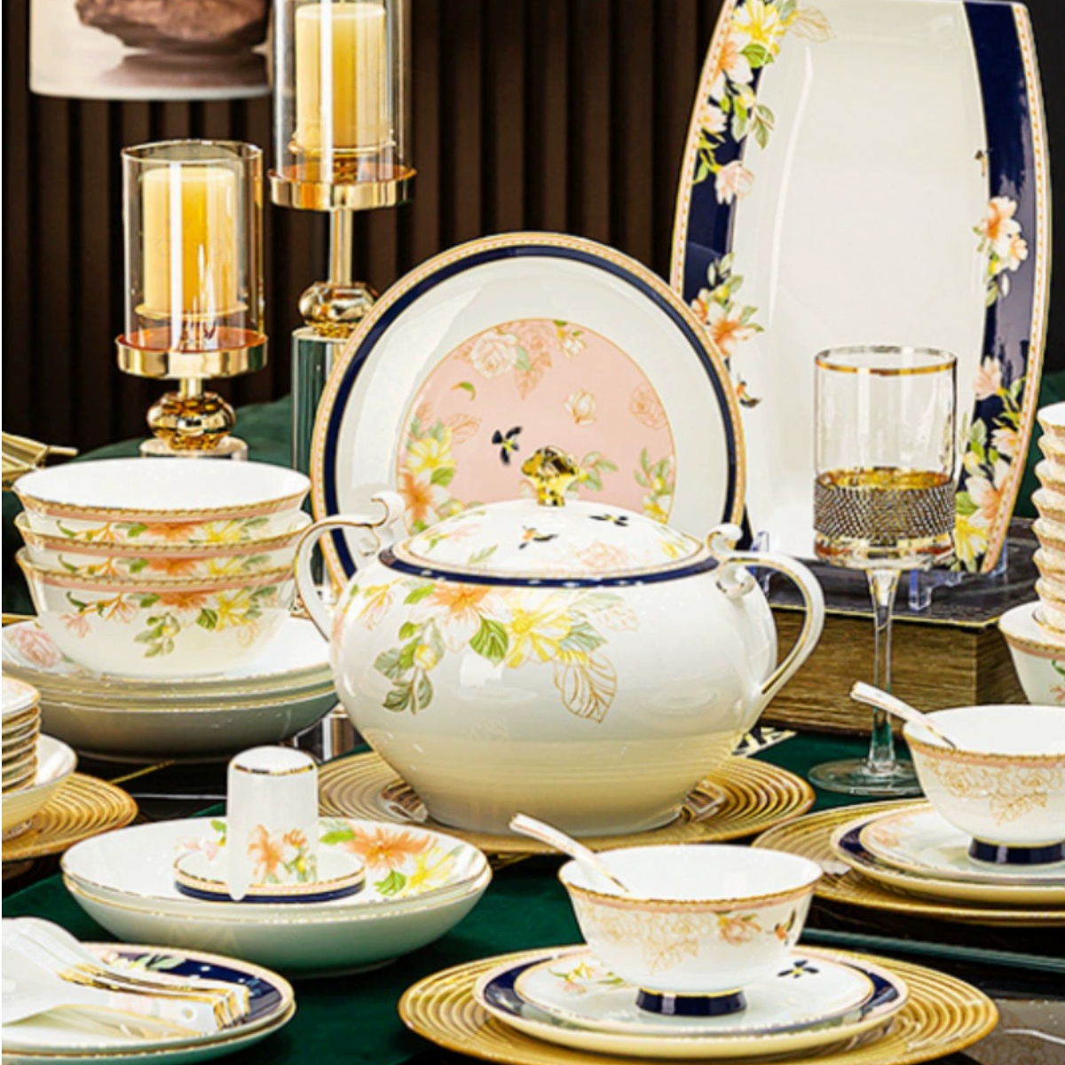 花鸟图70件景德镇陶瓷碗碟套装家用轻奢乔迁之喜新家餐具碗碟盘