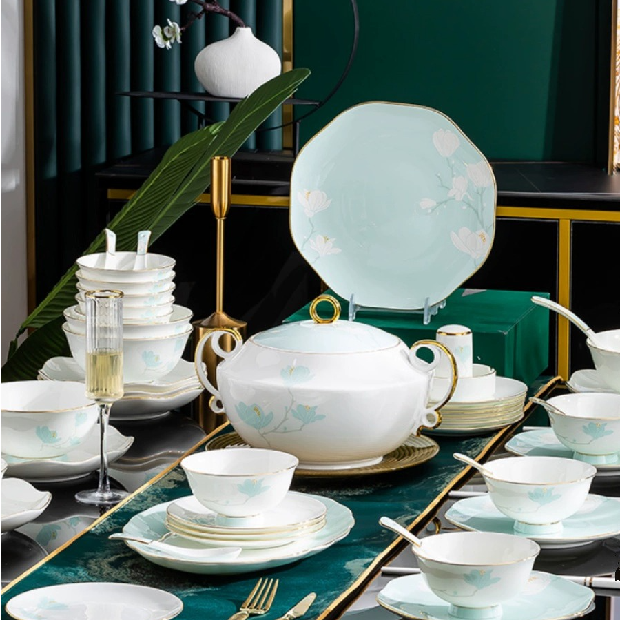 望春玉兰60件景德镇陶瓷碗碟套装家用轻奢碗盘子乔迁之喜新家餐具