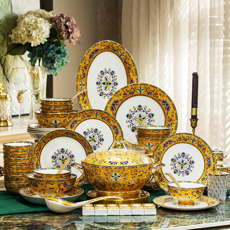 皇珐琅彩景德镇高端陶瓷碗盘碟套装家用轻奢骨瓷餐具中式乔迁送礼