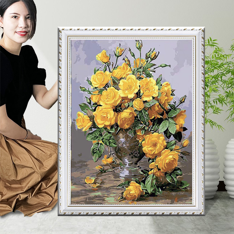 黄玫瑰十字绣2024年新款线绣客厅玄关自己绣简单风景植物花卉小件