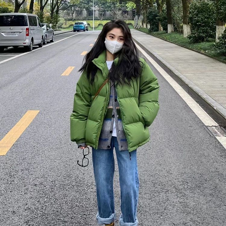 白鸭绒2024新款绿色羽绒服女短款韩版立领宽松加厚情侣时