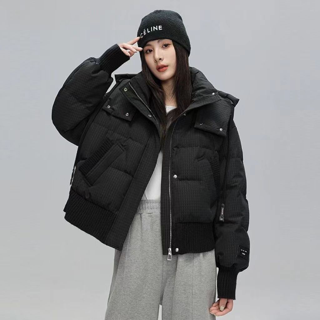 白鸭绒短款羽绒服女2024新款韩版色连帽外套毛线拼接加厚