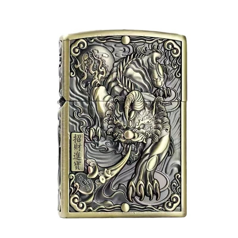 爆款煤油打火机盔甲浮雕复古砂轮防风潮流个性貔貅唐草打火机礼品