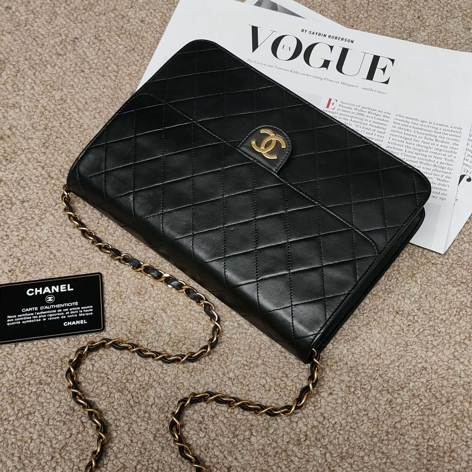 95新  Azul中古-Chanel 中古黑金羊皮信封链条包24874