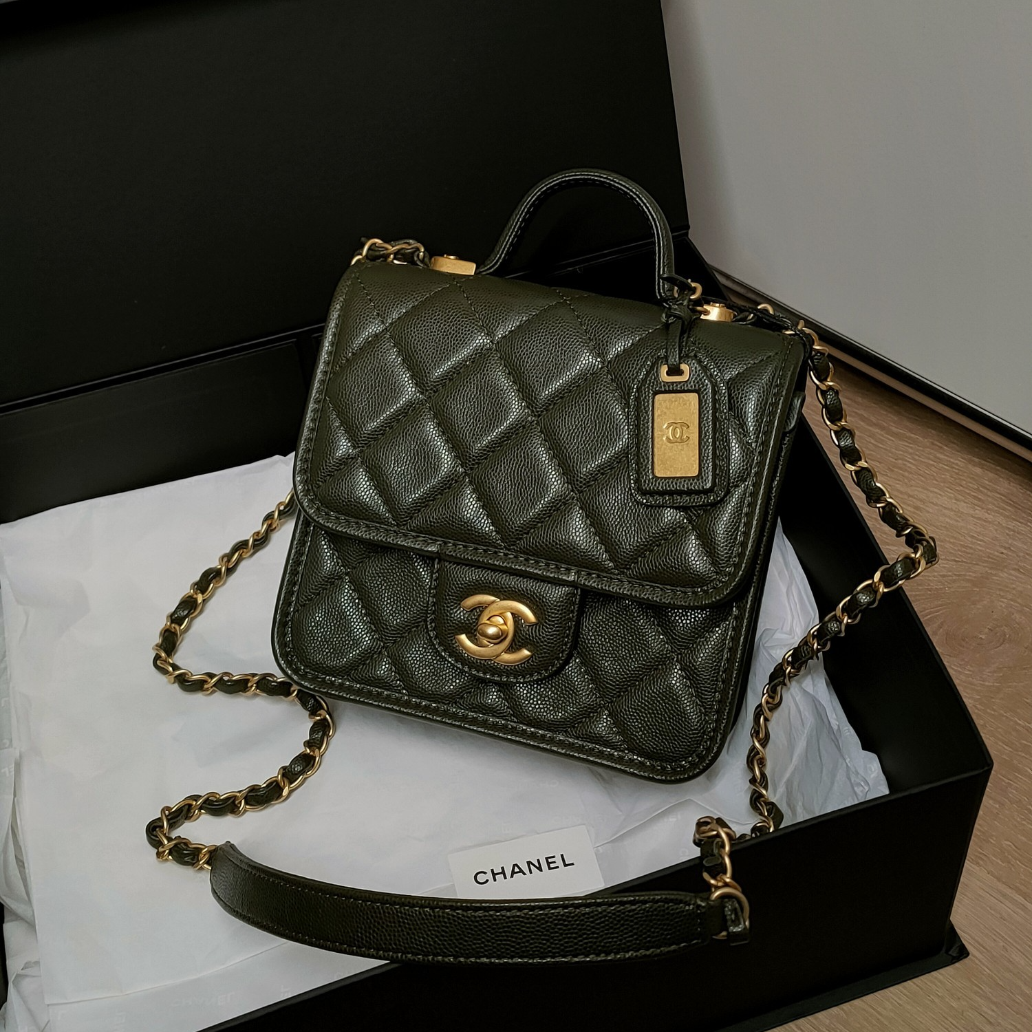 95新  Azul中古-Chanel 卡其绿金扣荔枝皮手提斜挎豆腐包24412
