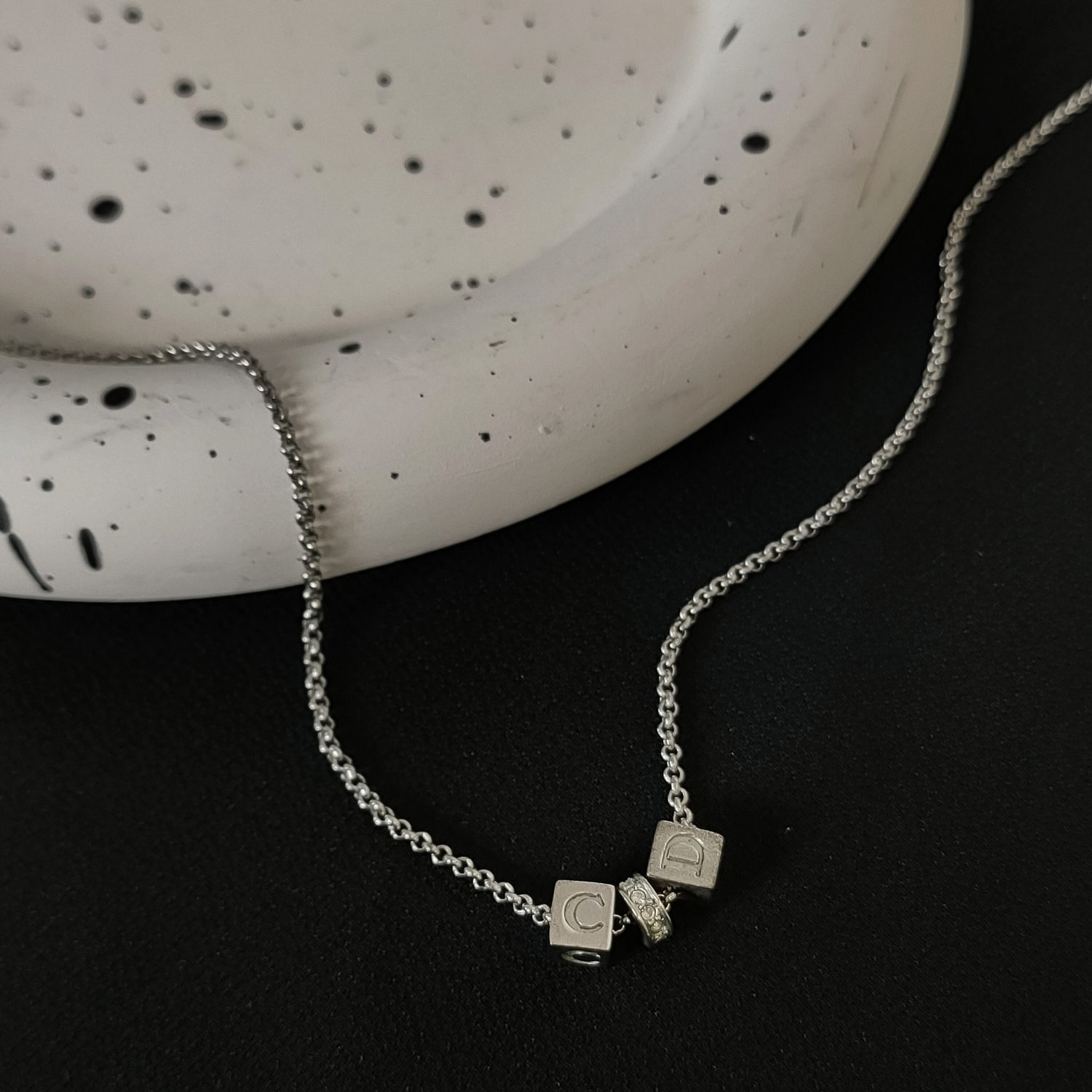 95新 Dior/迪奥 Azul中古-Dior 银色方块CD刻印圈钻项链24615