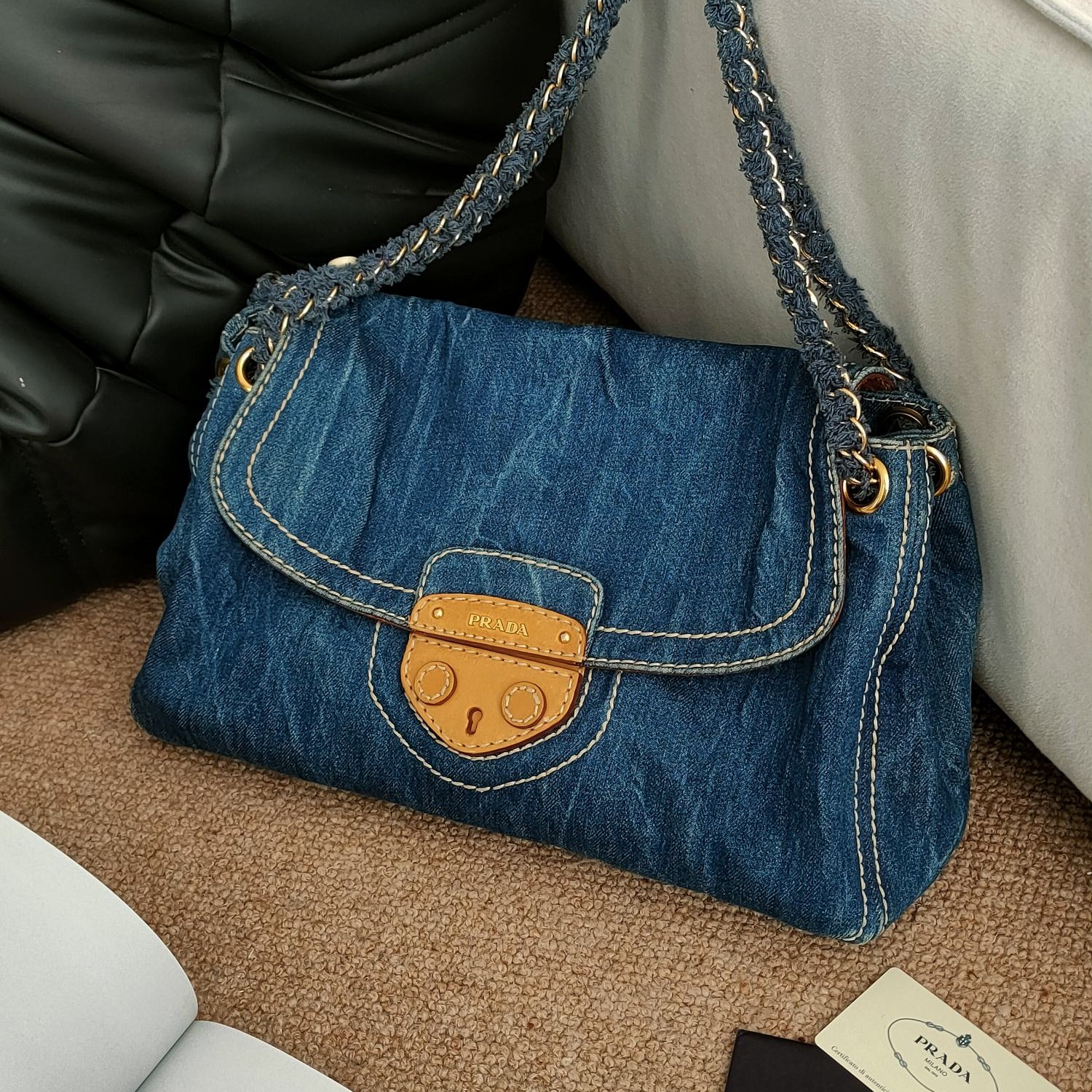 95新 Prada/普拉达 Azul中古-PRADA 蓝色牛仔猪鼻子单肩包23965
