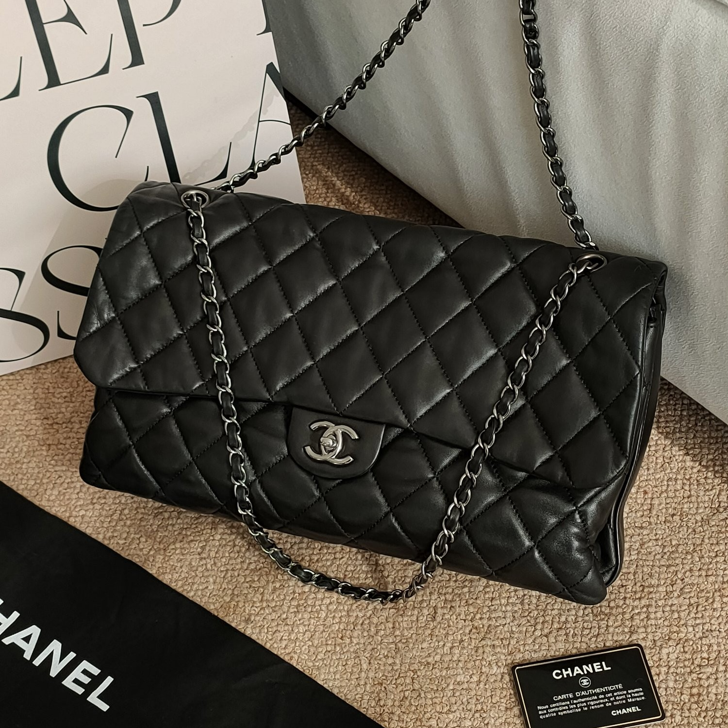 95新  Azul中古-定金Chanel 黑银羊皮菱格纹机场包24208