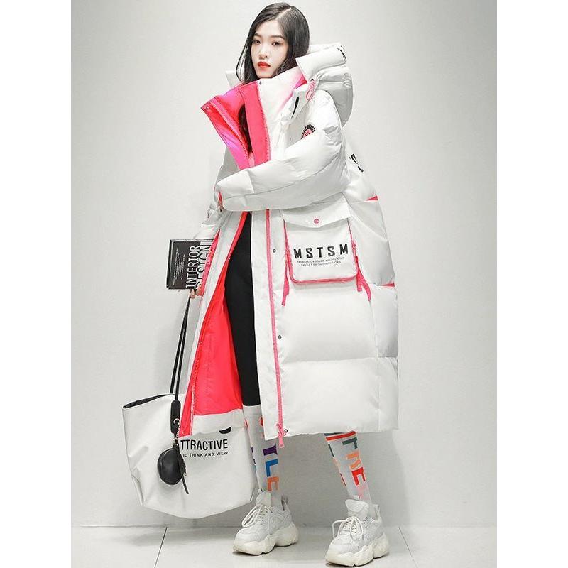 羽绒棉服亮面免洗女2023冬新款潮牌宽松洋气过膝长款保暖拼接面包