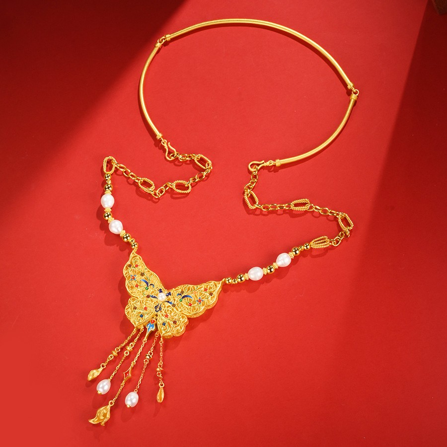 吴越老银铺足金珐琅手工古法复古蝴蝶花丝吊坠