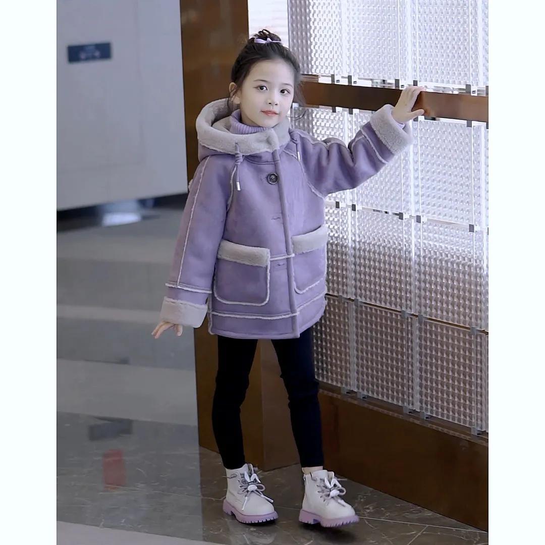 女童皮毛一体外套秋冬季中大儿童加绒加厚冬装女孩韩版羊羔绒上衣