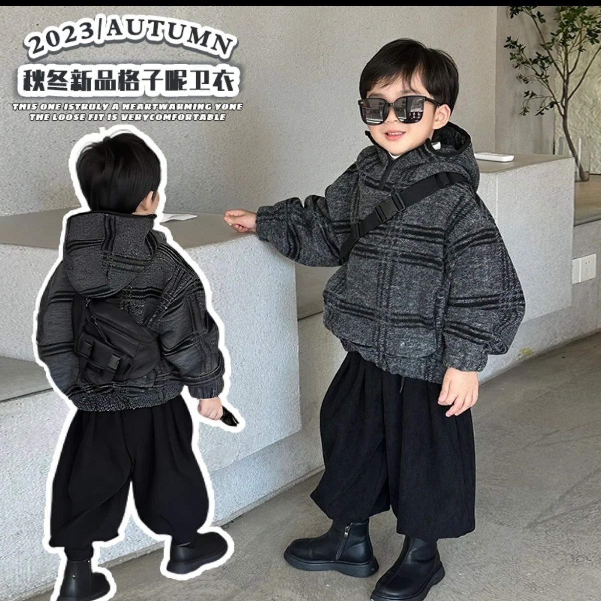 男童冬季美式加绒毛呢格子连帽卫衣女童加厚呢子拉链套头外套