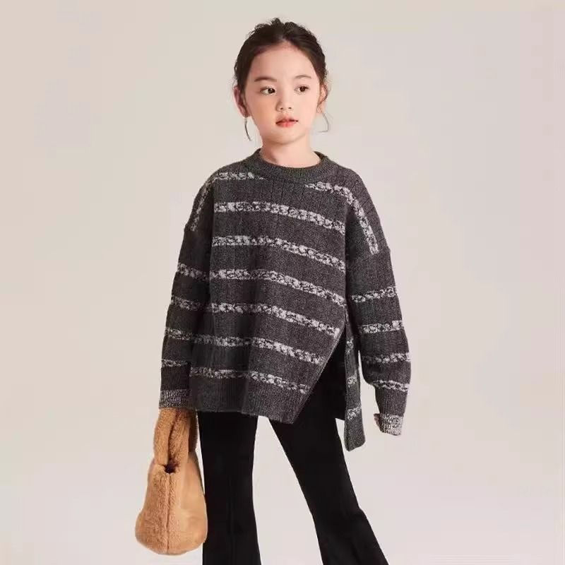 女童针织衫2023宽松套头秋冬新款慵懒加厚上衣儿童条纹毛衣