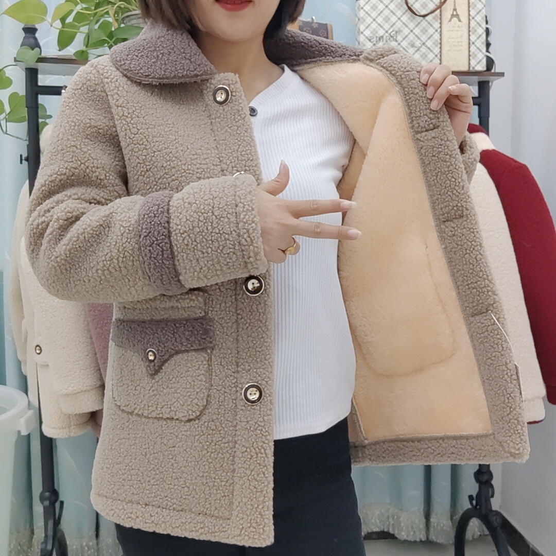 小个子拼接加绒仿羊羔毛加厚外套妈妈装大衣毛外套秋冬时尚