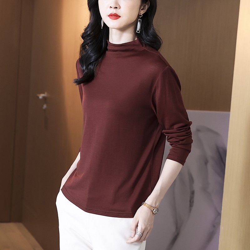 美丽诺羊毛半高领长袖打底衫秋冬纯色大码长袖T恤3546