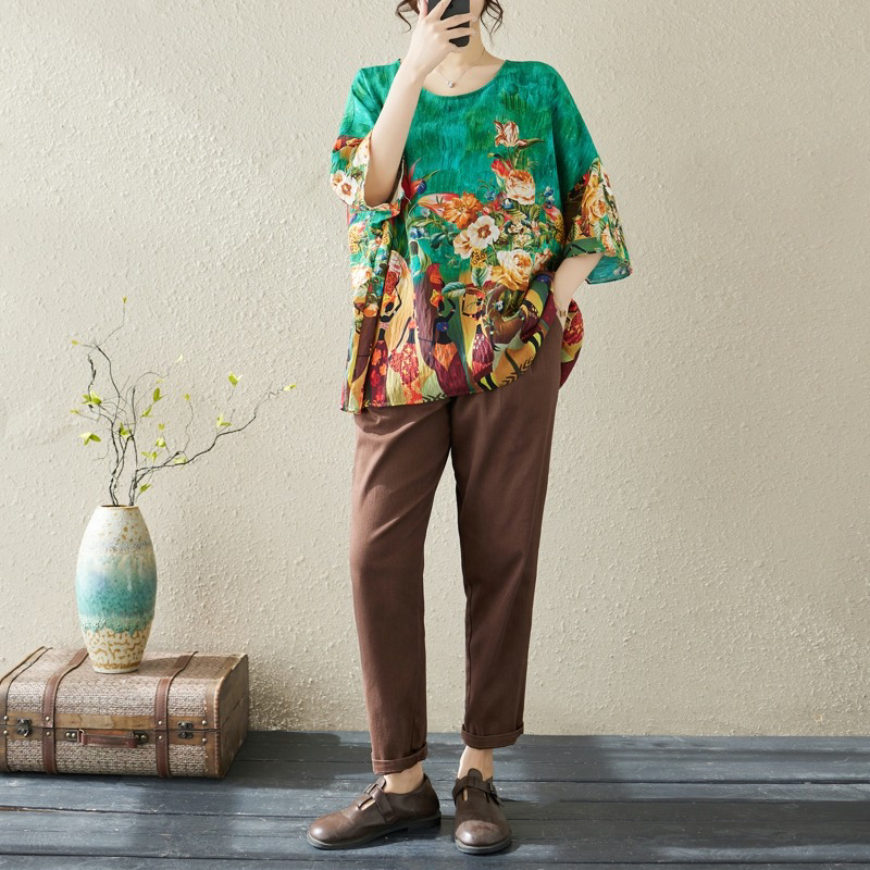 【惠姐专属】设计师国风大码显瘦妈妈装夏季宽松圆领套装