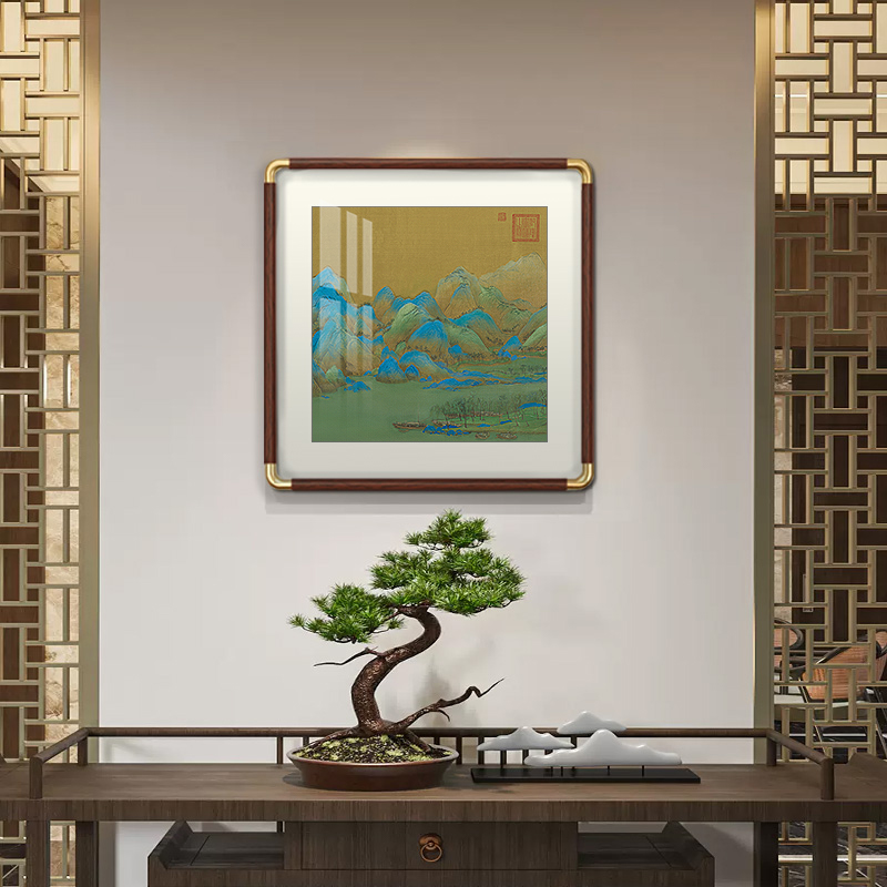 千里江山图节选斗方方形烫金墨实木艺术装裱版画上色作品山水挂画