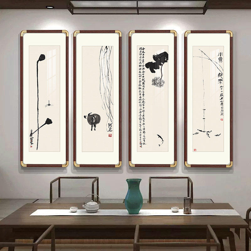齐白石四联国画艺术装裱版画复刻作品山水挂画定制茶室办公室玄关