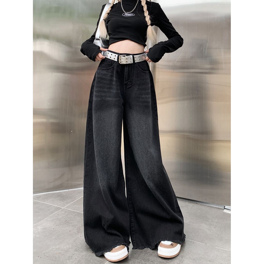 小个子秋季款韩系宽松高腰牛仔长裤女设计感显瘦百搭阔脚拖地裤YY