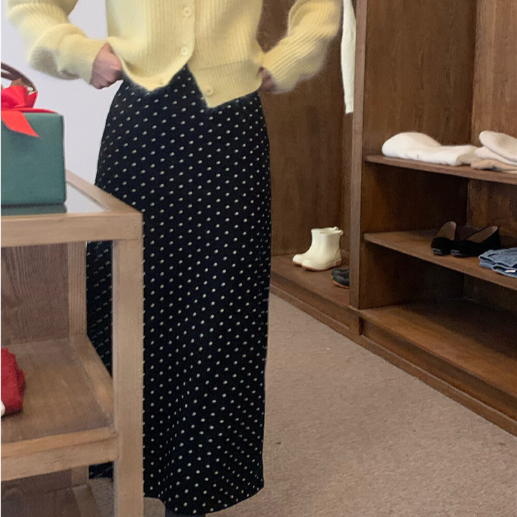 法式复古高腰春秋新款黑色波点半身裙女高级感气质中长开叉包臀裙