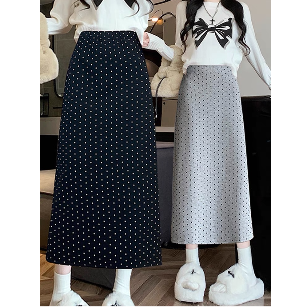 直筒波点半身裙女春秋厚款包臀裙2024新款高腰A字中长款开叉裙子