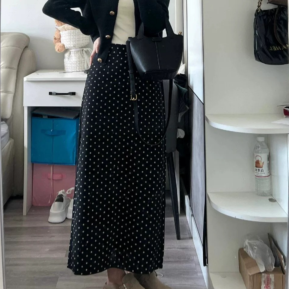 黑色波点休闲半身裙女春夏秋大码胖MM高腰显瘦梨形身材中长a字裙