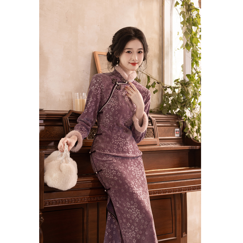 绫素 新中式高贵紫色旗袍秋冬加绒加厚长袖弹力修身版日常
